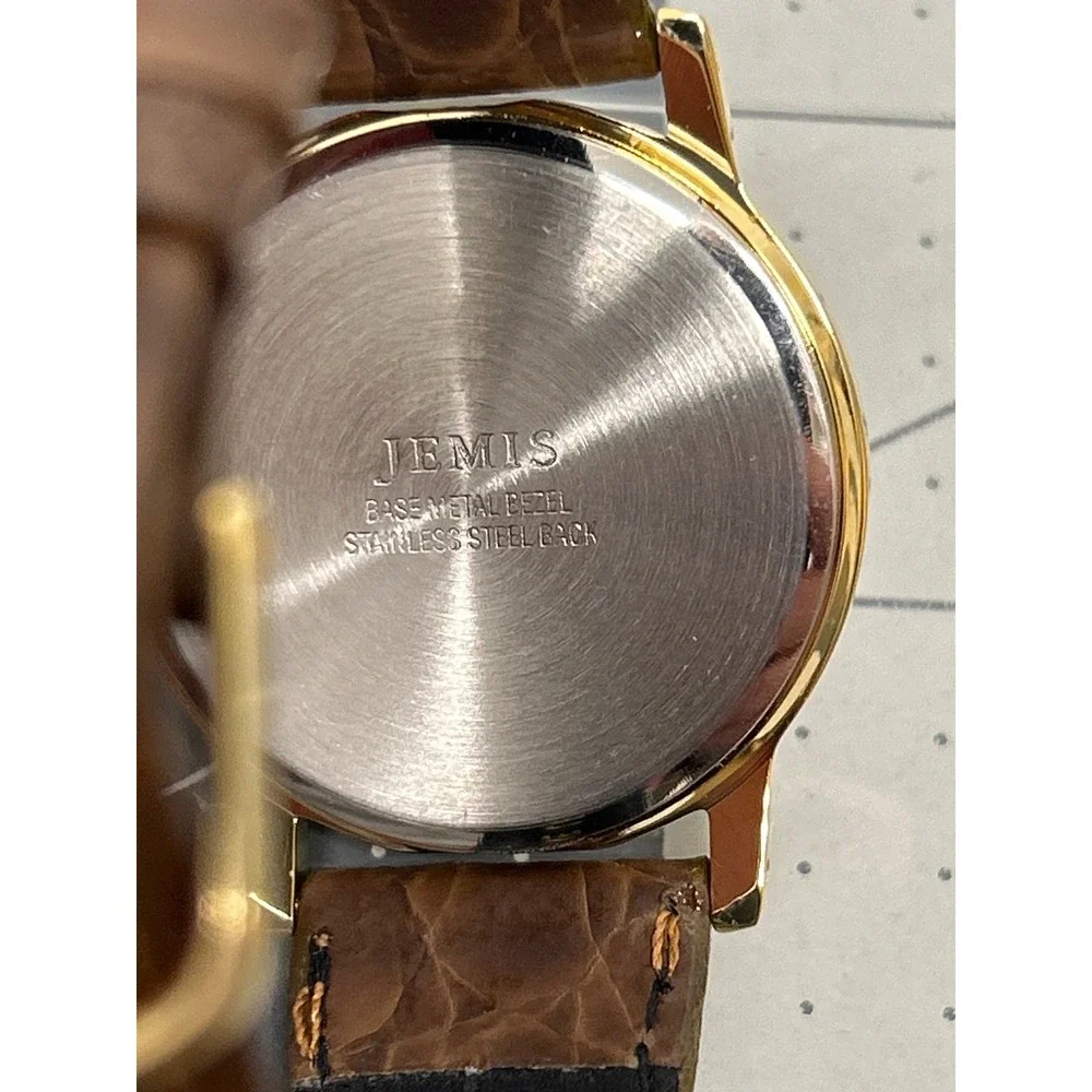 Vtg Jemis‎ Quartz Watch Gold Brown Leather Strap Cream Dial Needs Battery NOS
